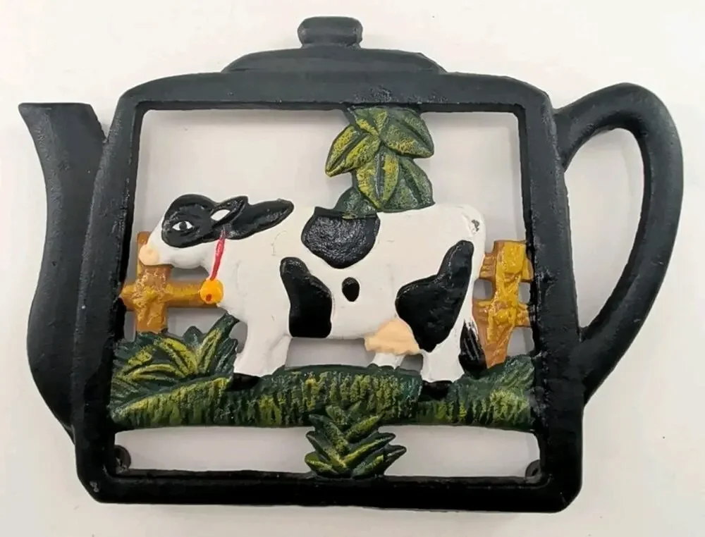 Vintage Cast Iron Teapot White Cow Black Spots Footed Trivet-Country Rustic Farm